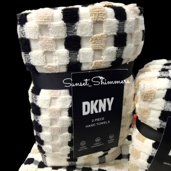 DKNY 8Pc 2 Bath 2 Hand 4 Washcloth TAN BLACK WHITE Gingham Check Towel Set NEW - Picture 2 of 10